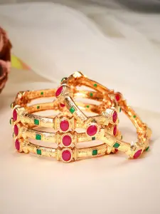 Rubans Set Of 4 24K Gold-Plated Red & Green Ruby-Studded Filgree Handcrafted Bangles
