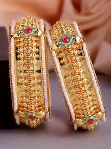 Rubans Set Of 2 24K Gold-Plated White & Red Stone-Studded Pearl Filigree Handcrafted Bangles