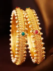 Rubans Set Of 2 24K Gold-Plated White & Red Pearl & Ruby-Studded Handcrafted Bangles