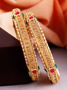 Rubans Set of 2 24K Gold-Plated Pink & Green Ruby-Studded & Pearl-Studded Handcrafted Bangles