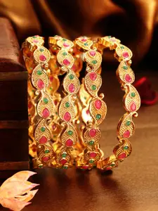 Rubans Set Of 4 24K Gold-Plated Red & Green Ruby-Studded Filgree Handcrafted Bangles