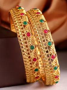 Rubans Set Of 2 24K Gold-Plated Red & Green Ruby-Studded Filgree Handcrafted Bangles