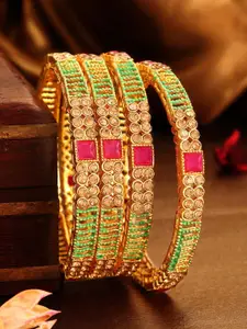 Rubans Set Of 4 24K Gold-Plated Red & Beige Ruby-Studded Handcrafted Bangles