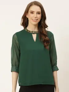 all about you Green Jewel Neck Puff Sleeve Regular Top