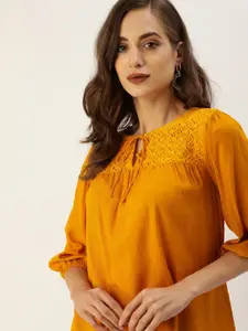 all about you Mustard Yellow Tie-Up Neck Puff Sleeve Regular Top