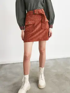 Trendyol Women Rust Orange Pure Cotton Solid Corduroy A-Line Skirt