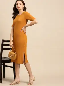 all about you Mustard Yellow Solid Knitted Sheath Dress