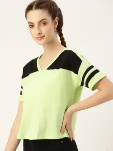 DressBerry Women Fluorescent Green & Black Colourblocked V-Neck Pure Cotton T-shirt