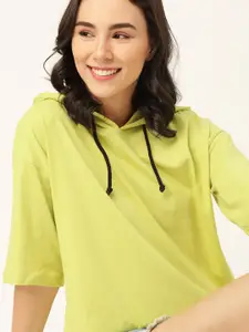 DressBerry Women Lime Green Pure Cotton Solid Hood T-shirt