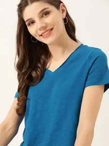 DressBerry Women Teal Blue Pure Cotton Solid V-Neck T-shirt