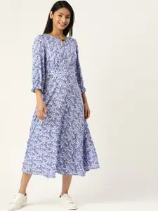 Antheaa Women Blue & White Floral Print A-Line Dress