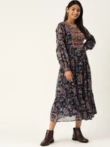 Antheaa Women Navy Blue & Yellow Ethnic Printed A-Line Dress With Embroidered Detail