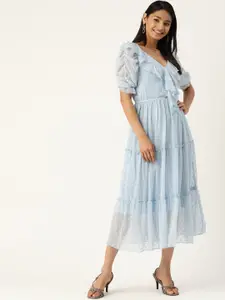Antheaa Blue Self Design A-Line Tiered Dress With Ruffles & Puff Sleeves