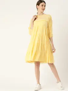 Antheaa Yellow Self Design A-Line Tiered Dress With Lace Inserts & Puff Sleeves