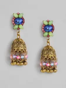 Anouk Multicoloured Antique Gold-Plated Studded Dome Shaped Jhumkas