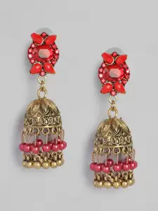 Anouk Antique Gold-Plated & Red Dome Shaped Jhumkas