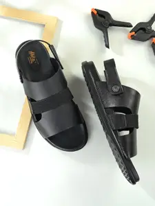 Hitz Men Black Leather Comfort Sandals