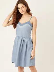 DressBerry Blue Solid Pure Cotton Solid Chambray A-Line Dress
