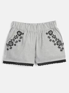 Cherry Crumble Girls Grey & Black Floral Embroidered Lace Detail Cotton Regular Fit Shorts