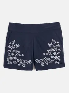 Cherry Crumble Girls Navy Blue & Grey Floral Embroidered Cotton Regular Fit Shorts