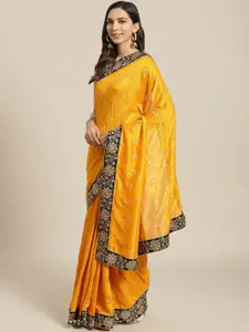 flaher Mustard Yellow & Golden Embroidered Saree