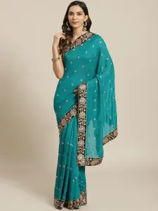 flaher Blue & Golden Embroidered Saree