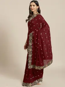 flaher Maroon & Golden Embroidered Saree