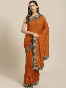 flaher Mustard Brown & Golden Embroidered Saree