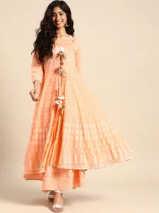Rangmayee Women Peach-Coloured Embroidered A-Line Kurta with Printed Ethnic Jacket