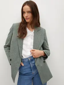 MANGO Women Green & Off-White Checked Double Breasted Casual Blazer
