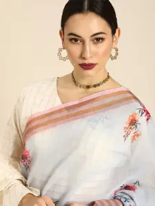 Anouk Grey & Pink Linen Blend Printed Bhagalpuri Saree