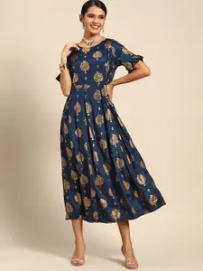 Anouk Women Navy Blue & Golden Ethnic Motifs Printed A-Line Dress