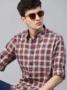 Roadster Men Cream Coloured & Red Pure Cotton Tartan Checked Sustainable Casual Shirt