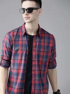 Roadster Men Red & Teal Blue Pure Cotton Opaque Checked Casual Shirt