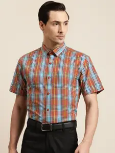 SOJANYA Men Rust Brown & Blue Tartan Checked Regular Fit Cotton Formal Shirt