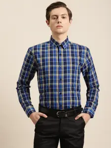 SOJANYA Men Blue & Mustard Yellow Pure Cotton Regular Fit Checked Formal Shirt