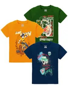 Kiddeo Boys Pack Of 3 Printed Round Neck  Pure Cotton T-shirts