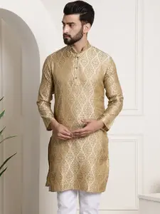 Sojanya Men Beige & Golden Ethnic Motifs Jacquard Kurta
