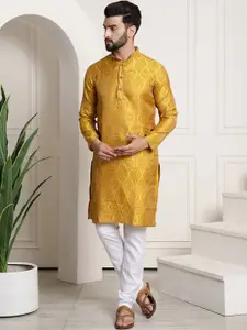 SOJANYA Men Mustard Yellow & Off-White Woven Design Kurta with Churidar