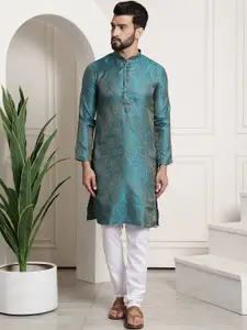 SOJANYA Men Teal Blue & Off-White Woven Design Kurta with Churidar