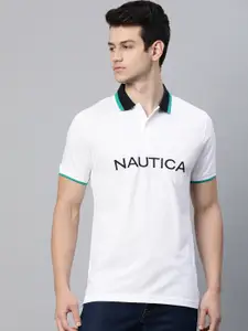 Nautica Men White Brand Logo Printed Polo Collar Pure Cotton T-shirt