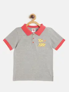 toothless Boys Grey Melange Tom  Jerry Print Back Pure Cotton Polo Collar Pure Cotton T-shirt