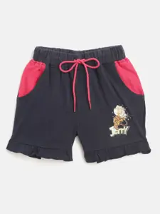 toothless Tom & Jerry Girls Navy Blue & Pink Colourblocked Shorts with Ruffled Detail