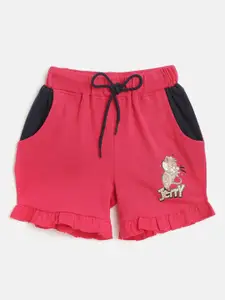 toothless Tom & Jerry Girls Pink Colourblocked Tom & Jerry Shorts with Ruffled Detail