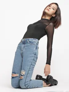 Belliskey Women Blue Mom Fit Mid-Rise Slash Knee Jeans