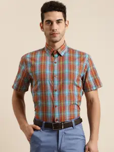 SOJANYA Men Rust Orange & Blue Classic Regular Fit Checked Pure Cotton Formal Shirt