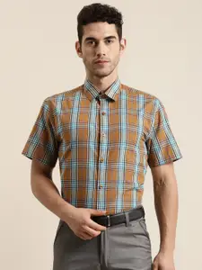 SOJANYA Men Mustard Yellow & Blue Classic Regular Fit Checked Pure Cotton Formal Shirt