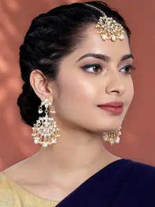 Peora Gold Plated Kundan Pearl Chandbali Earring with Maang Tikka