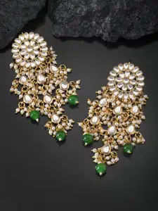 Peora Gold Plated & Green Kundan Studded Chandelier Drop Earrings