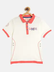 toothless Boys Off-White  Coral Orange Pure Cotton Printed Back Polo Collar Pure Cotton T-shirt